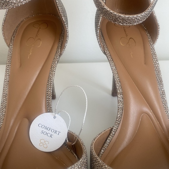 Jessica Simpson Lana High Heels Sz 9 Double Bow Ankle Strap Glittery Gold Pumps - Picture 9 of 15